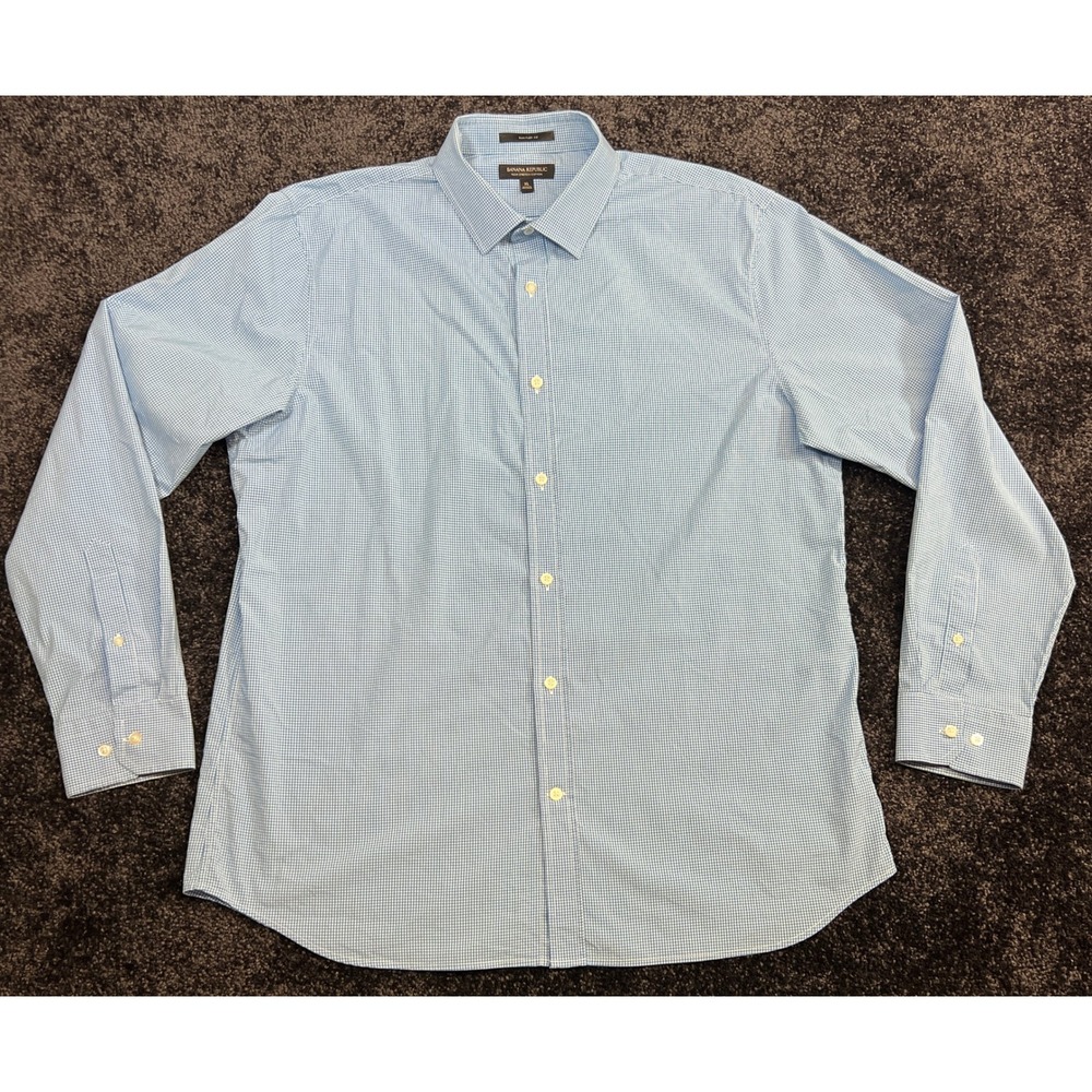 Banana Republic Tech‎ Stretch Cotton Slim Flex Fit Blue Gingham Shirt XL